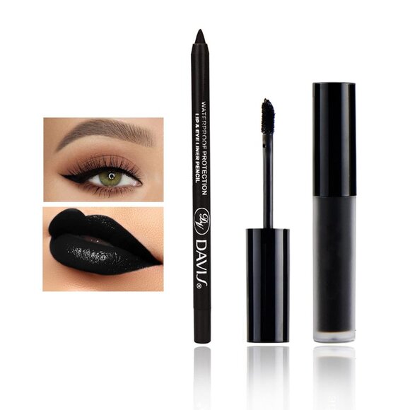 Black Matte Lipstick Lip Liner Set - Long Lasting, Waterproof, Easy to Apply - Picture 1 of 7